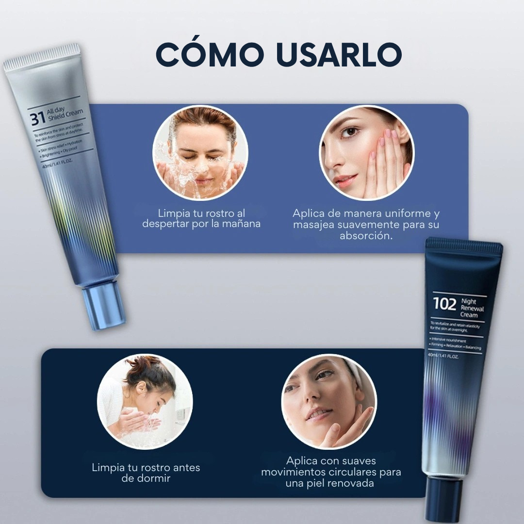 Set Cremas Faciales Reparadoras Día y Noche - Ácido Hialurónico y Colágeno