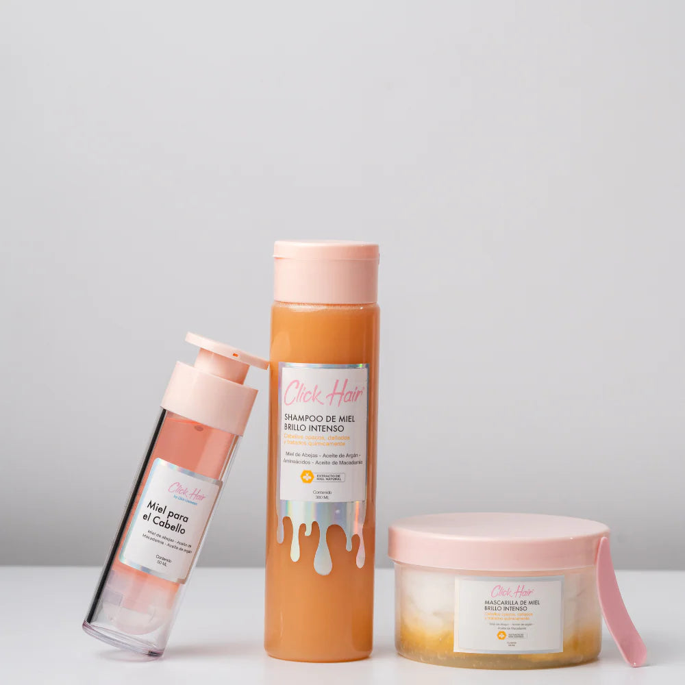 Kit Capilar Miel Click Hair 3 en 1 - Shampoo + Mascarilla + Serum Brillo Intenso